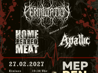 Flyer zur Death Triade 6 am 27. Februar 2027 im JAM Meppen mit Home Reared Meat, Apallic und Permutation